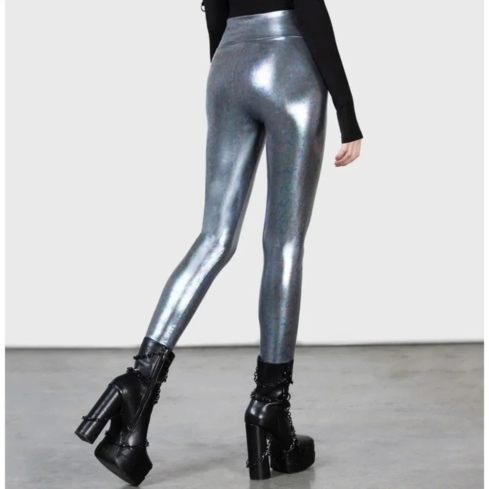 Killstar Beam Me Up Silver Holographic Iridescent High Waisted Leggings Medium - Picture 2 of 5